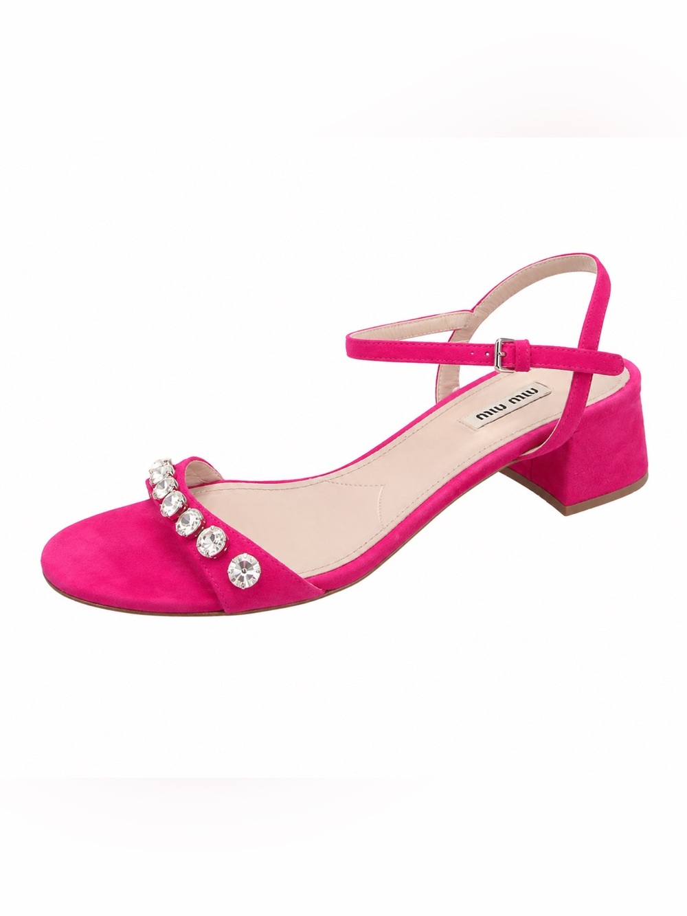 Miu Miu Fuchsia Suede Block Heel Sandal with Crystal Straps